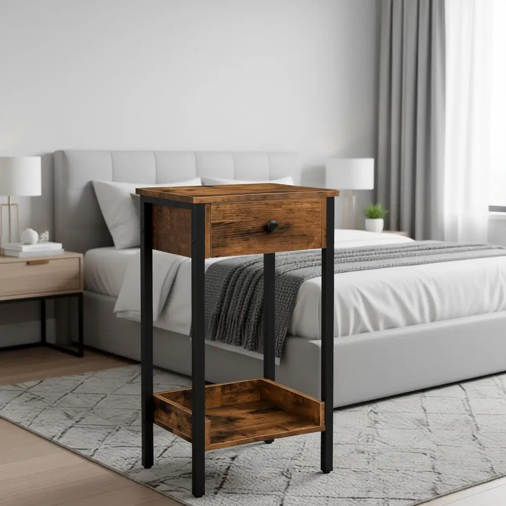 

Industrial Rustic Brown and Black Side Table with Storage Shelf for Study and Bedroom, Space-Saving Design