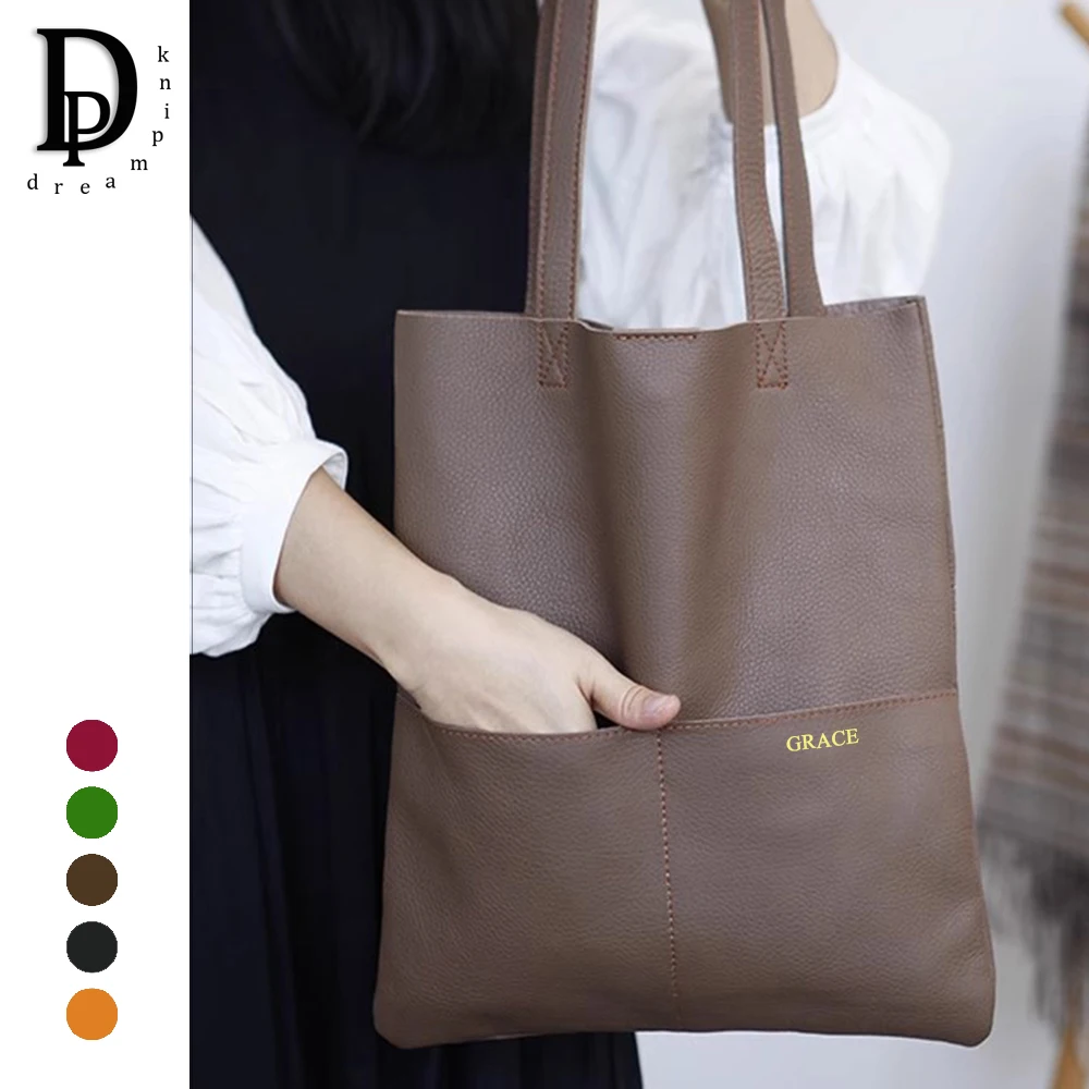 Soft Genuine Leather Women Tote Bag Custom Letters Name Cowhide A4 Large Student Shopper Shoulder Bag Causal Female Girl Handbag