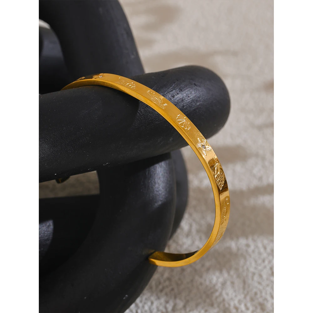 Yhpup Ocean Series Stainless Steel Shell Seahorse Starfish Conch Open Bracelet Bangle Tarnish Resistant Summer Holiday Jewelry