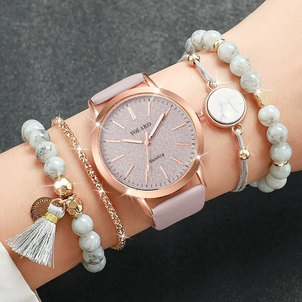 5PCS Ladies Roman Digital Quartz Watch Large Dial Full Sky Star Women\'s Watches Bracelet Set Birthday Gift No Box