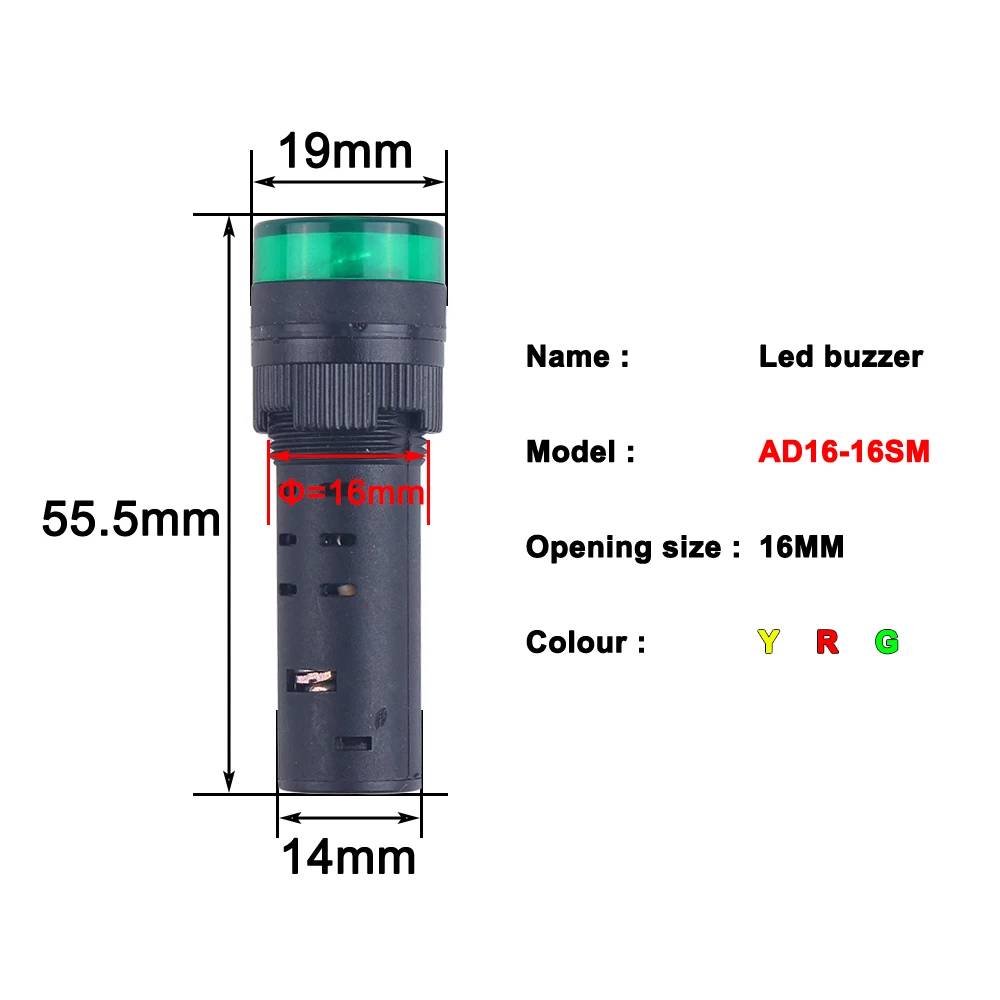 アクティブブザーアラームインジケーターランプ,点滅ライト,赤,緑,黄色,12v,24v,220v,22mm, 16mm, AD16-22SM個