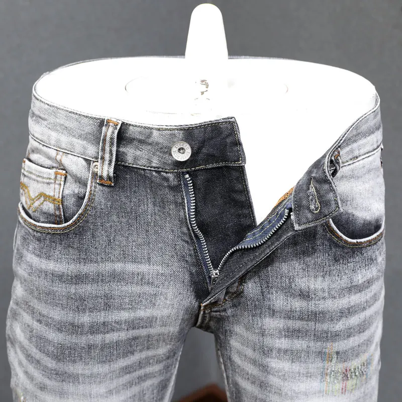 Fashion Streetwear Men Jeans High Quality Retro Gray Stretch Slim Fit Ripped Jeans Men Embroidery Designer Vintage Denim Pants