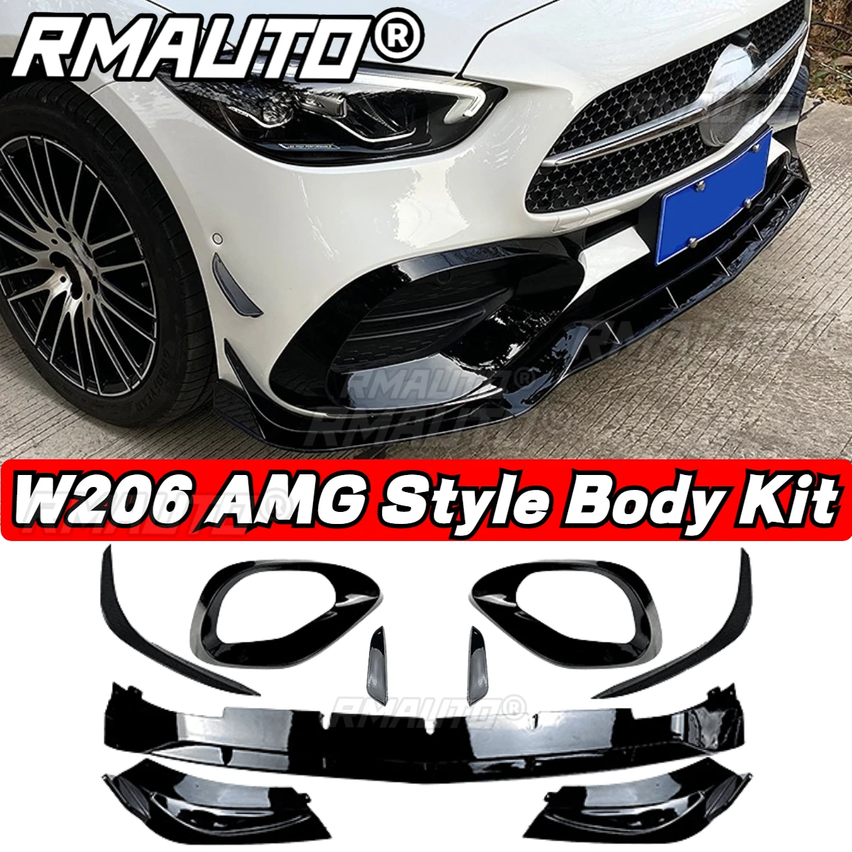 

W206 Передняя губа в стиле AMG Комплект кузова Передний бампер Спойлер Боковой разделитель Лезвие Канады Фартук Вентиляционное отверстие Накладка для Mercedes Benz W206