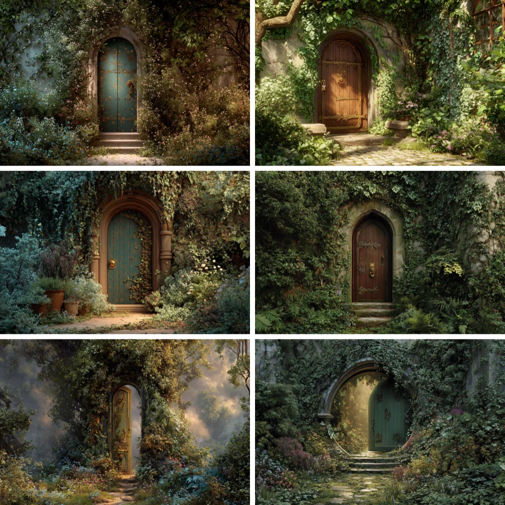 

Flower Arched Wooden Door Backgrounds Adult Family Photography Props Child Baby Decors Jungle Cabin Photo Studio Backdrops