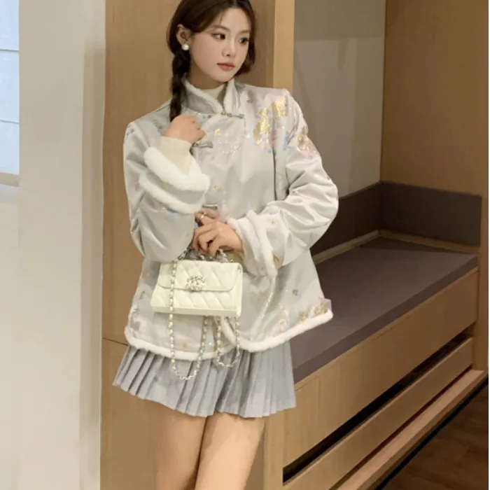 

Женский хлопковый джет с вышивкой Ele, осенне-зимний новый топ с воротником-стойкой на пуговицах в китайском национальном стиле в стиле ретро