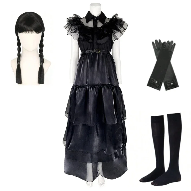 

Wednesday Style Women Cosplay Costume Elegant Black Short Sleeve Ball Gown Full Set for Halloween Evening Party