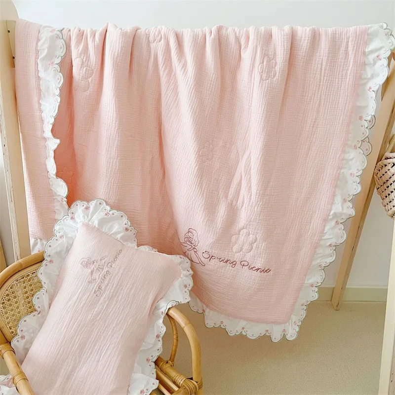 Couette bébé en mousseline de coton avec bordure en dentelle pour fille, couverture de princesse douce avec remplissage, rose nickel é, 120x150cm