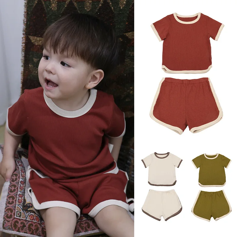 

RomperDew Infant and Toddler Short-sleeved T-shirt Shorts Summer Baby Boys and Girls Candy Colour Sports Suit T-Shirts