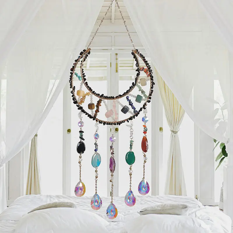 

Chakra Hanging Crystals Natural Gemstone Decor Handmade Gravel Sun Catcher Moon Suncatcher Healing Wall Decoration Gift for Mom