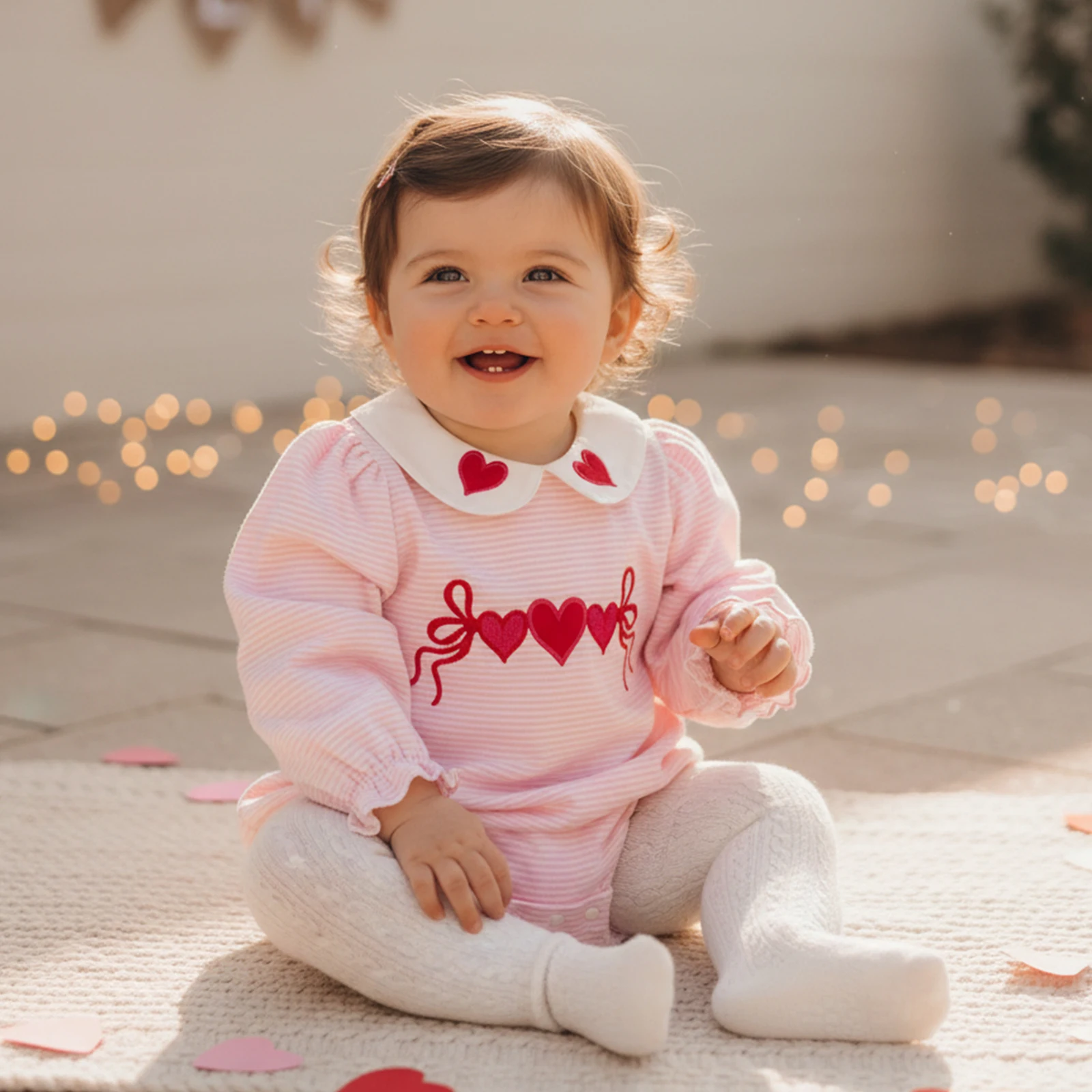 

Baby Girls Valentines Striped Romper Cute Heart Embroidery Doll Collar Long Sleeve Striped Bodysuits Jumpsuit Outfits