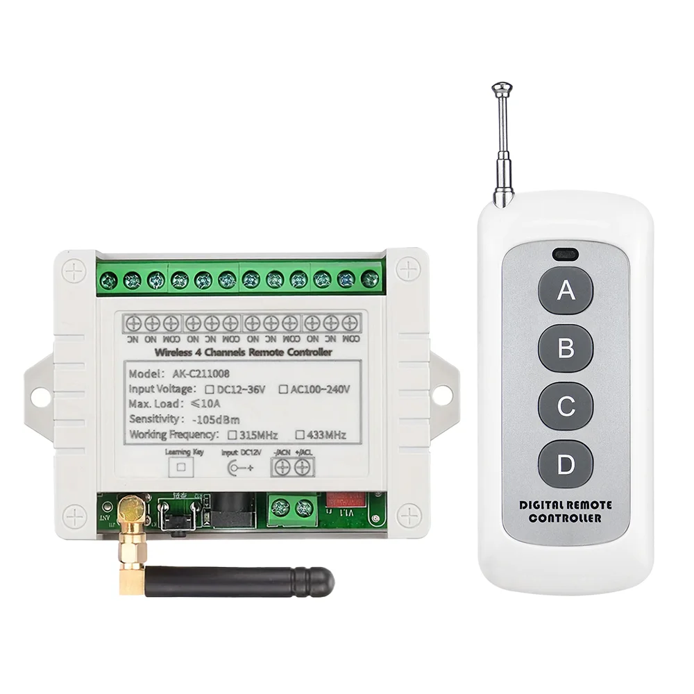Universal 433MHz DC12V 24V 36V 4 CH Smart Remote Control Switch 4 Keys RF Wireless Transmitter for Electric Curtains Garage Door