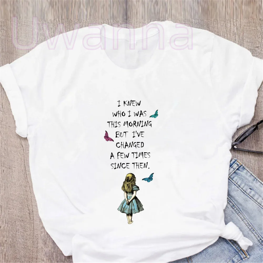 Fashion Princess T-shirts Girls Cartoon Alice In Wonderland Print Letter Short Sleeve Casual Ladies T-Shirt Unisex Crew Neck Top