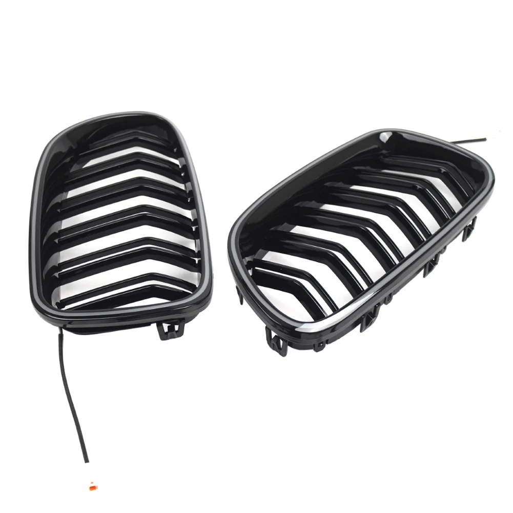 2x Front Kidney Grille Double Slat Grill With Light Strip For BMW 5 Series F10 F11 2010-2016 Not For Models with Night Vision