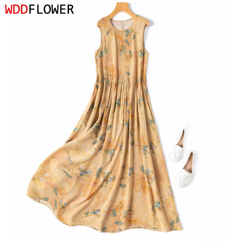 

Women Silk Tank Dress 100% Mulberry Silk 16 Momme Crepe Silk Beige Floral Printed Sleeveless A-Line Long Type Midi Dress M1397