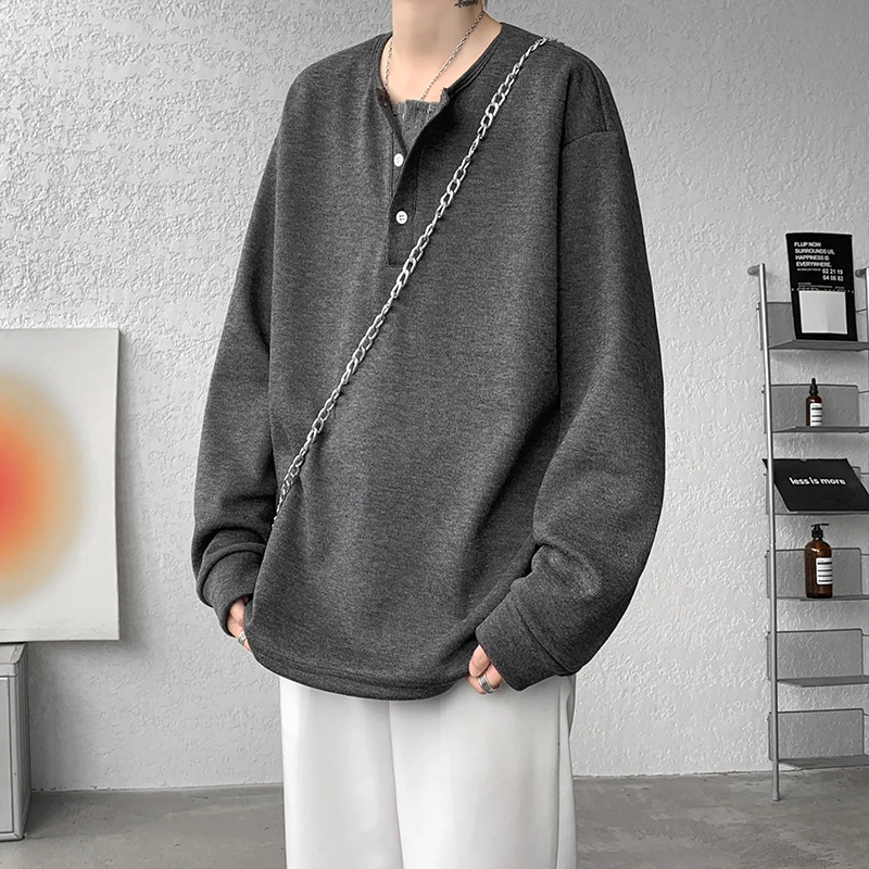 

M-XXXXXL Men's Round Neck False Two-Piece Henley Long Sleeve T-Shirt Solid Color Layering Base Layer Top Tee Shirts for Man 5XL