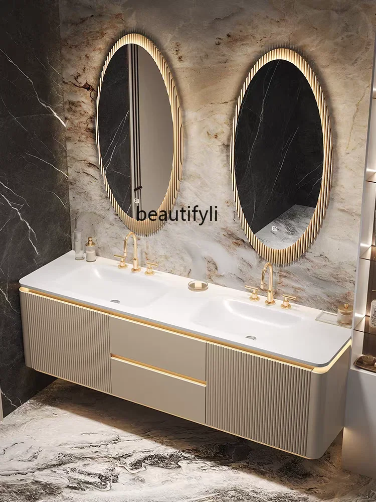 Cream wind rock slab hot bending integrated double basin bathroom cabinet combination oak bathroom washstand wash basin