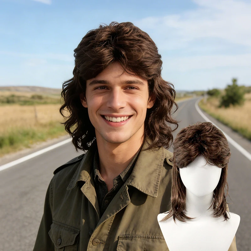 Brown Messy Layered Mullet Wig – Textured Synthetic Hair, Shaggy Bangs & Tapered Sides for Punk, Rock, Anime Cosplay