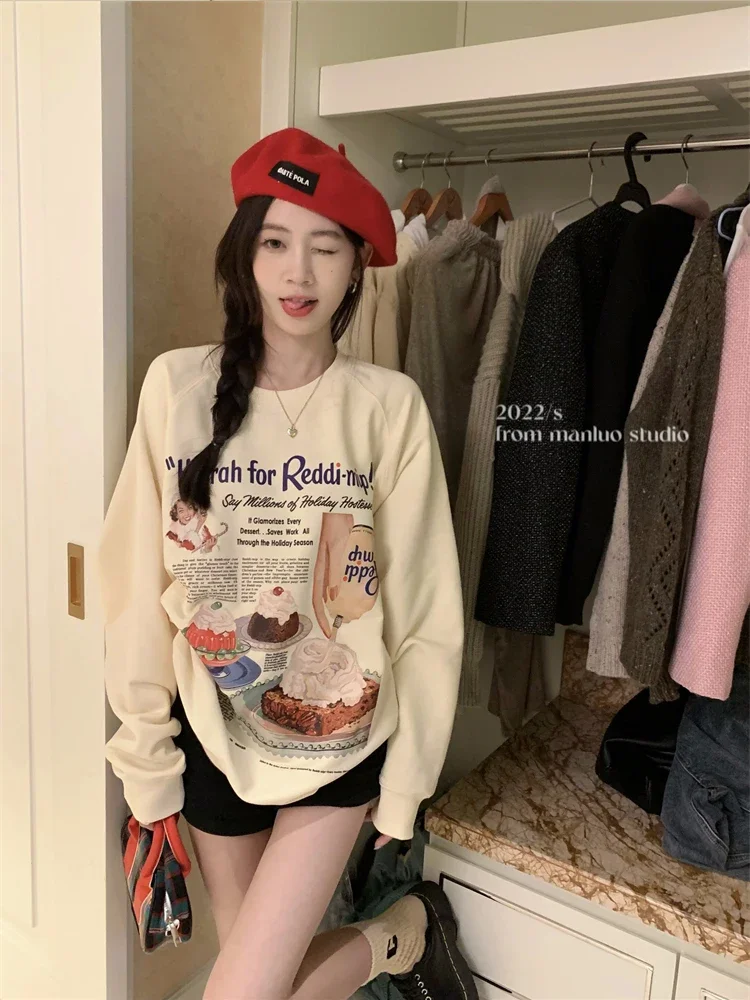 

Korean Fashion Burger Cake Print Pullovers Crewneck Sweatshirt Women Long Sleeve Casual Aesthetic Top Thin Autumn Gothic Clothes