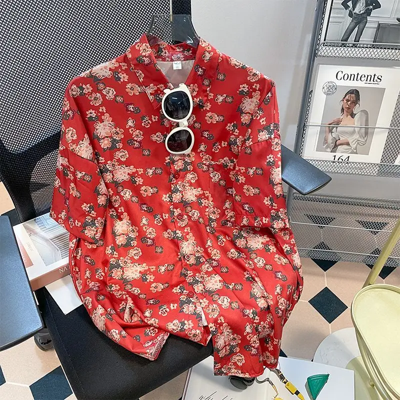 Vacation Summer New Short Sleeve Printing Loose Youth Blouse Polo Neck Floral Casual Shirt Tops Vintage Fashion Women Clothing