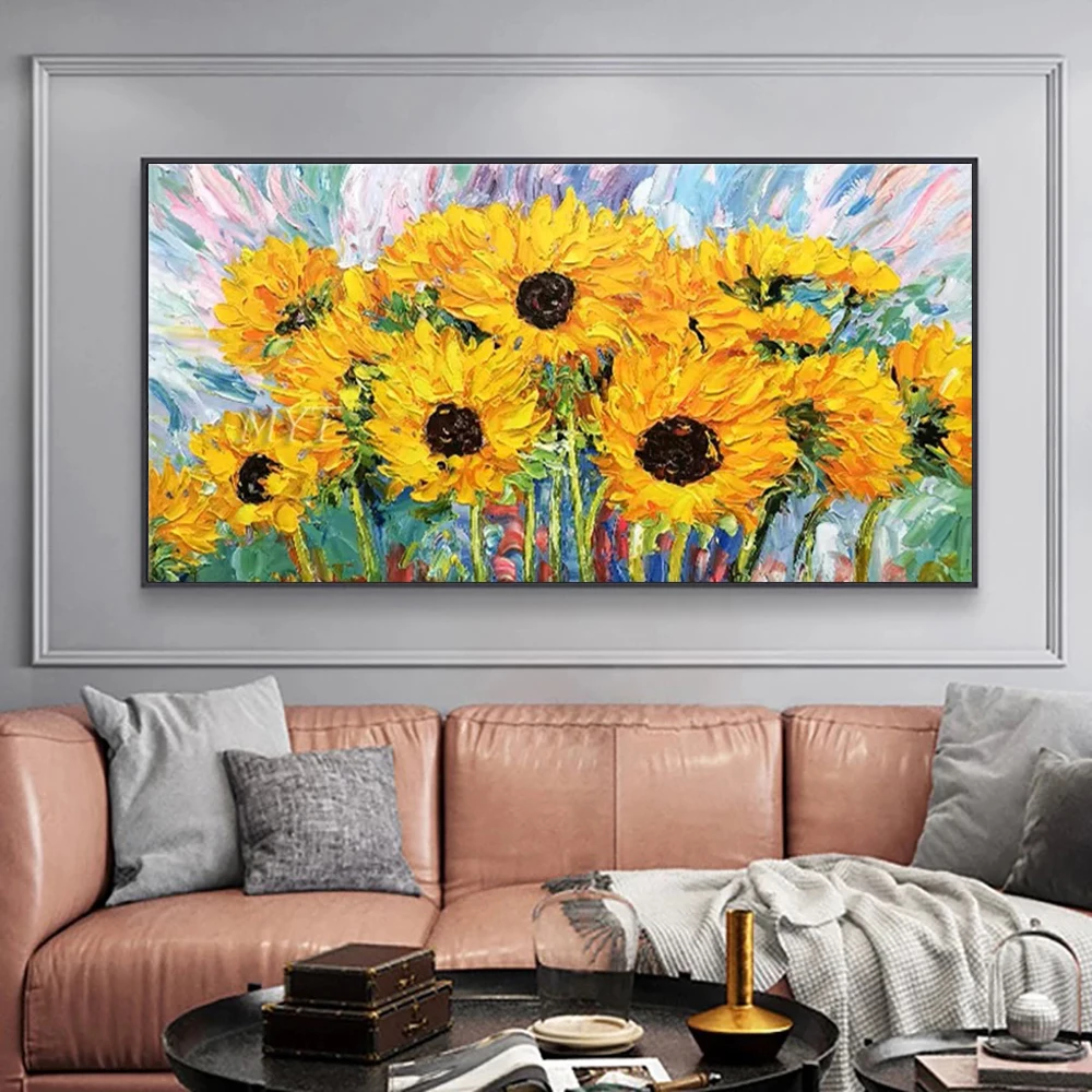 

Handmade Texture Flower Oil Painting on Canvas Abstract 3D Sunflower Wall Art Yellow Flower Painting for Living Room Wall Decor