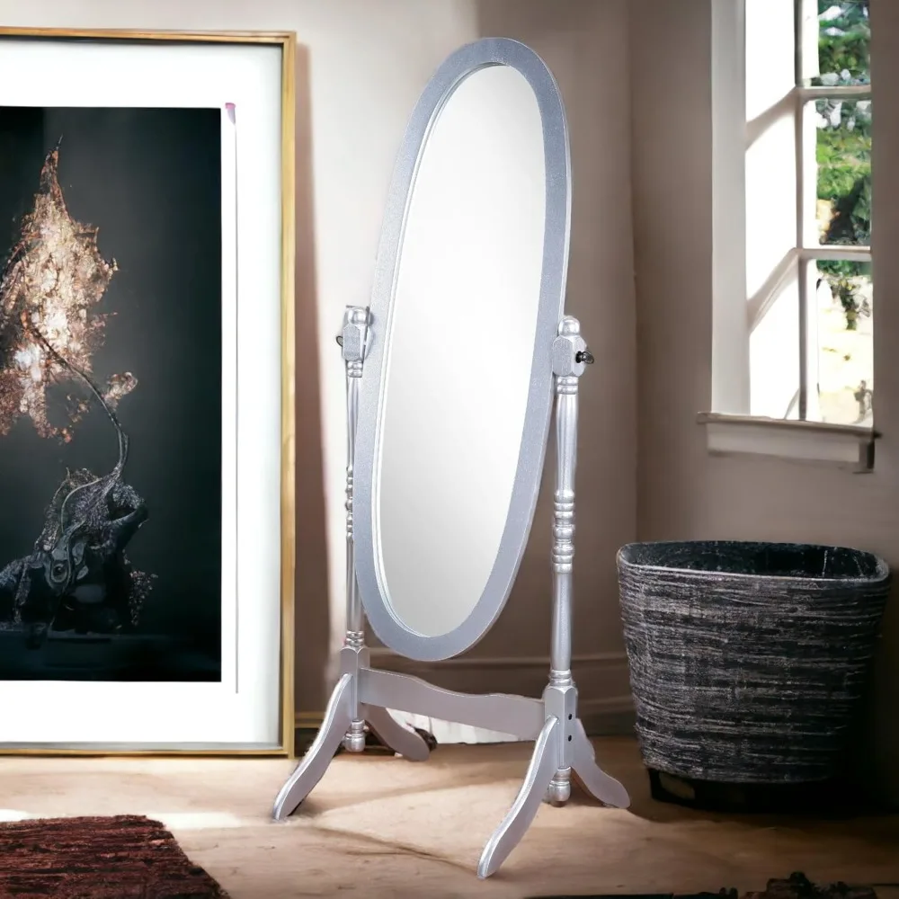 Specchio da pavimento Cheval con cornice in legno stile vintage con supporto regolabile, finitura argento, specchio indipendente a figura intera per la casa