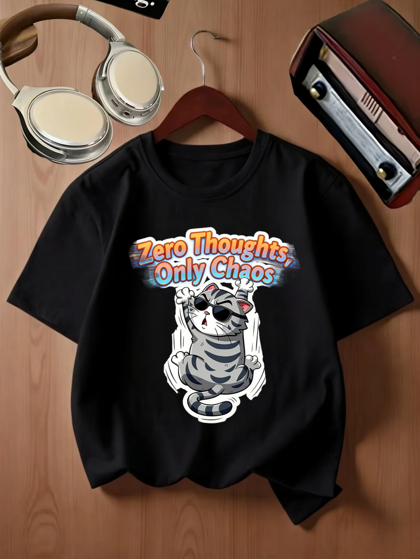 Crazy Striped Cat Zero Thoughts Only Chaos Cartoon Print Kids T Shirt Boys Girls Family Matching Summer Crew Neck Casual Tee