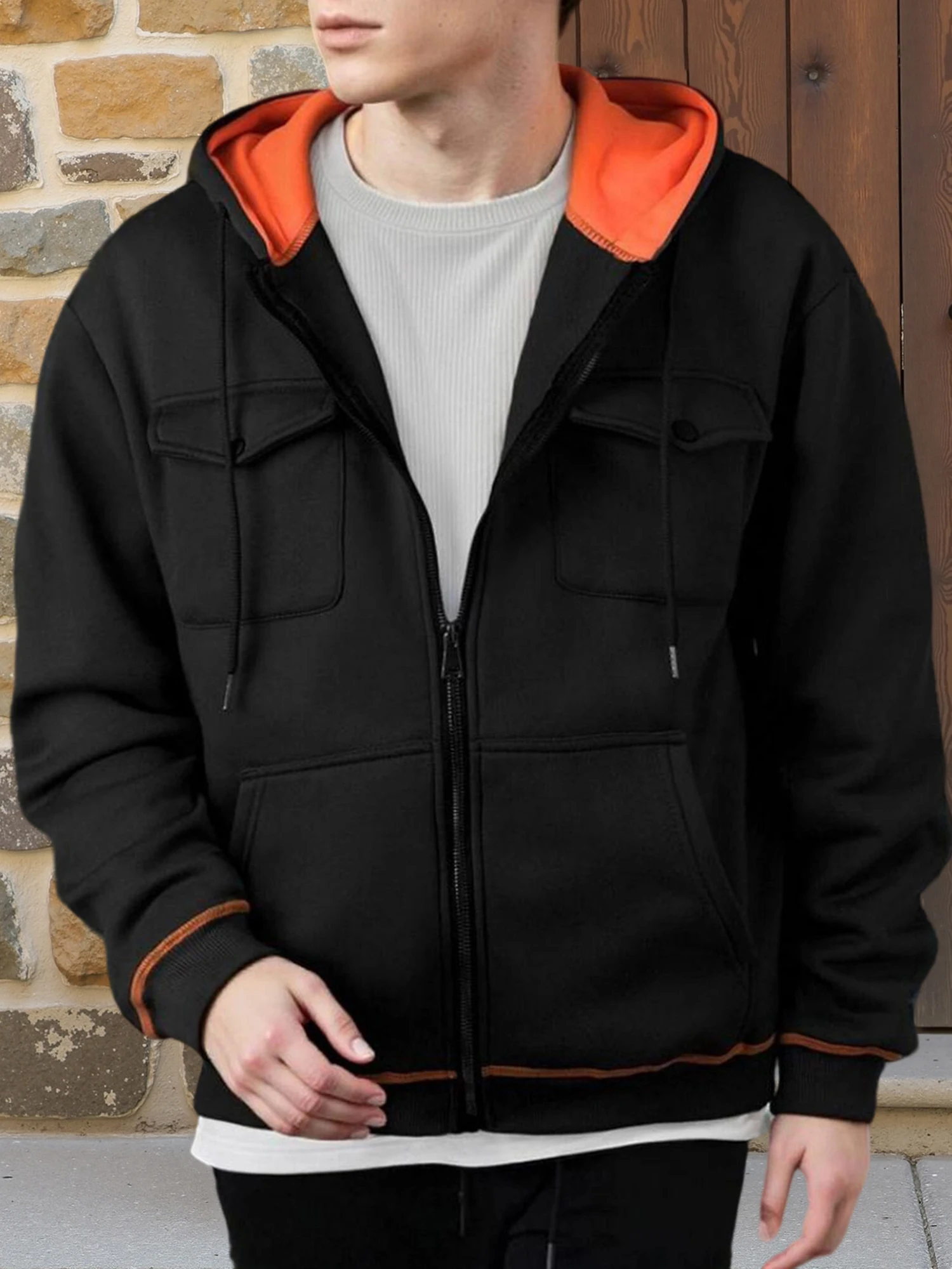 معطف منتفخ مبطن أنيق للرجال مع غطاء رأس قابل للإزالة وجيوب متعددة وسترة شتوية دافئة بسحاب كاجوال #5