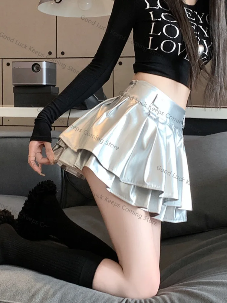 Zilver PU-leer f rok hoge taille anti-licht dames herfst 2025, nieuwe Sle A-lijn ort rok Sweet Sle Ci Walk
