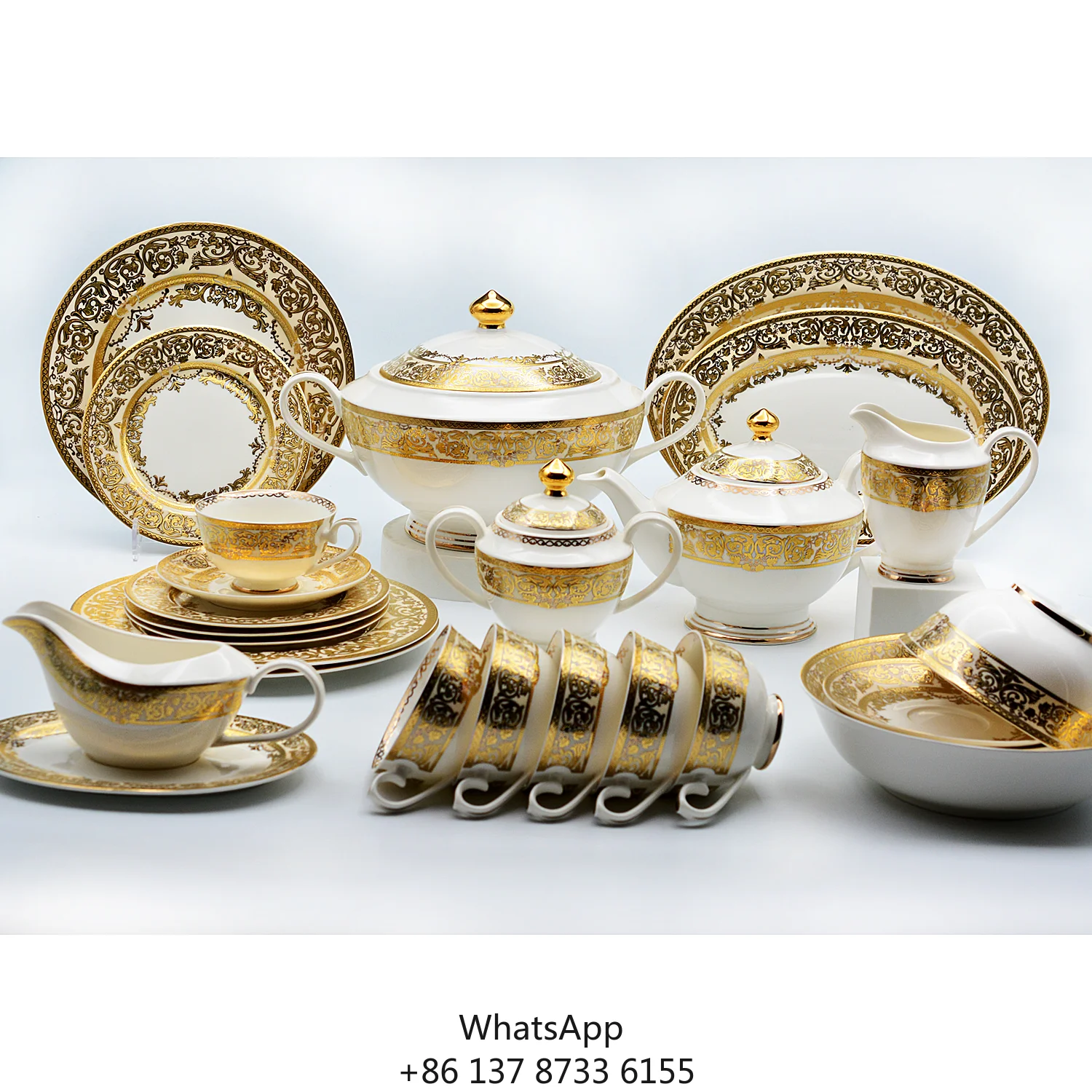 

98pcs Luxury Embossed Gold Tableware Royal Style Bone China Dinnerware Porcelain Dinner Sets