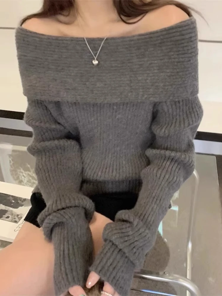 Harajuku Slash Neck Solid Sweaters Grunge Vintage Women Bottoming Pullovers Off Shoulder Y2k Aesthetic Casual Knitted Jumper