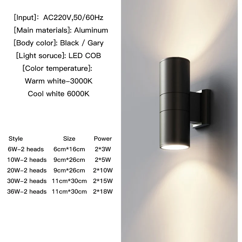 black gray up down outdoor wall light 6W 10W 20W 30W 36W porch garden waterproof home lighting outdoor   aluminum lamp body