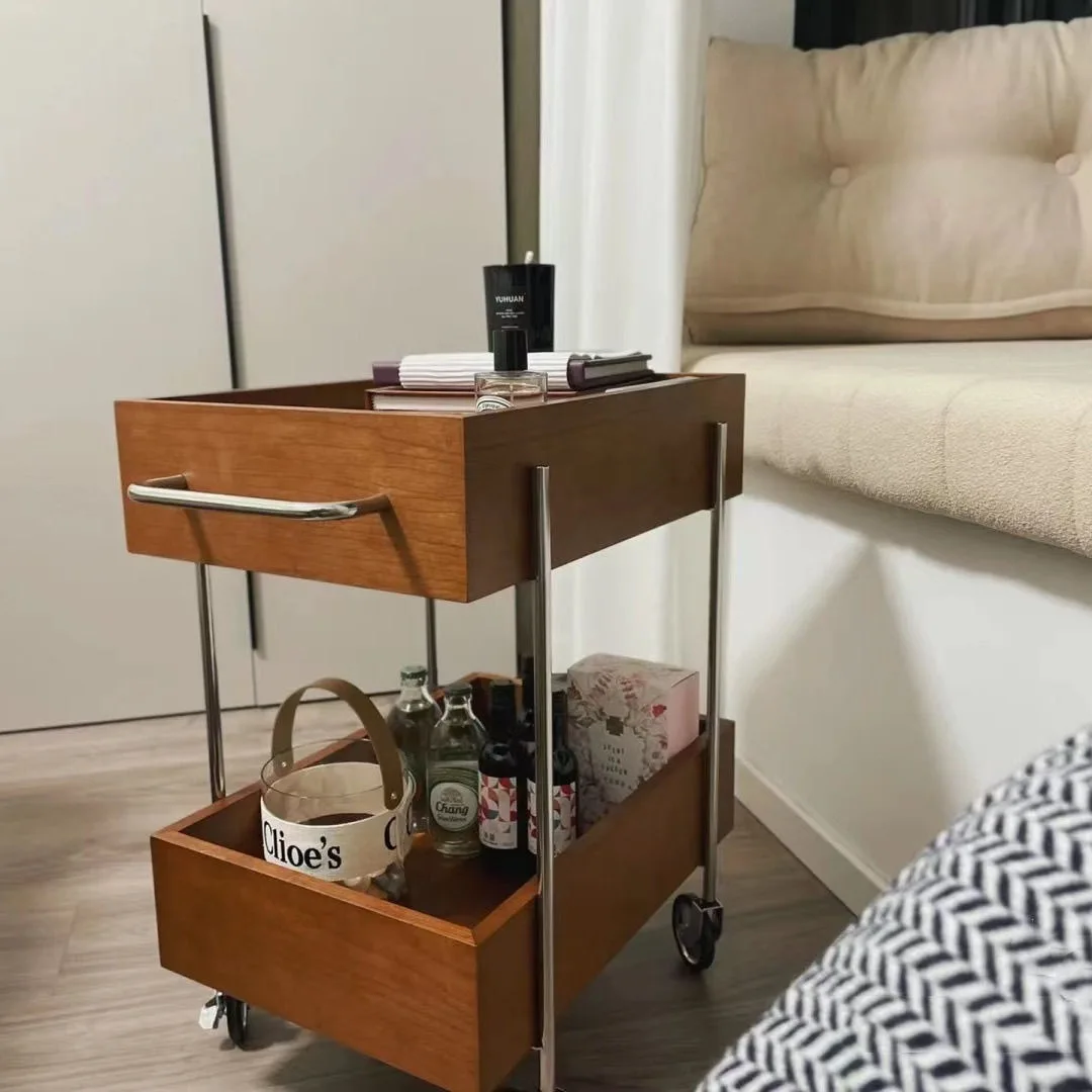 

Solid wood cart, living room, sofa storage cabinet, household multi-layer snacks, bedside shelves can be
