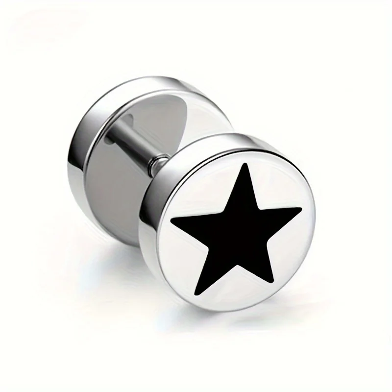 2pcs Unisex Fashion Street Cool Stainless Steel Star Round Dumbbell Stud Earrings for Men Women Daily Party Wear Jewelry 8mm