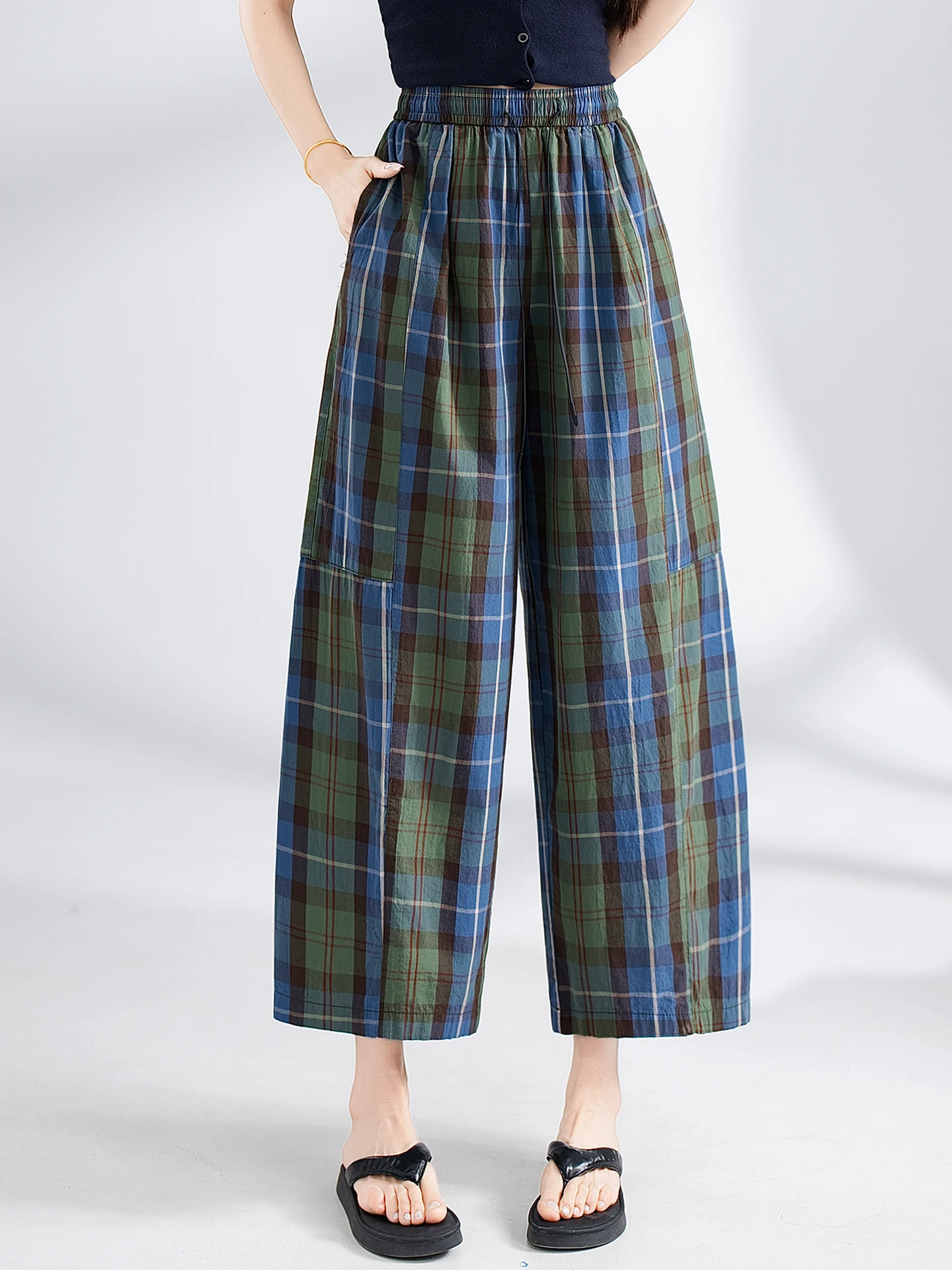 High Waist Plaid Wide Leg Pants Women's Summer Thin New Fashion Casual Eighteen Balloon Pants Cotton High Waist Breezy Cool