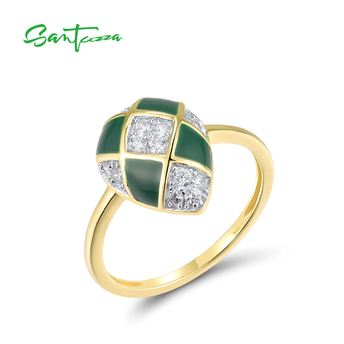 

SANTUZZA Pure 925 Sterling Silver Rings For Women Sparkling White CZ Green Enamel Geometric Wedding Anniversary Fine Jewelry