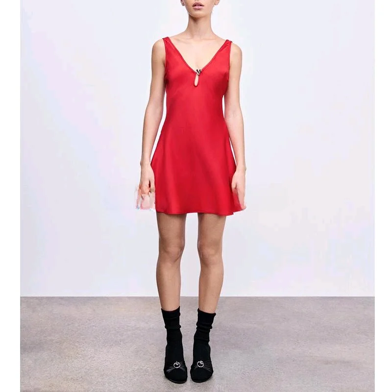 Wiosenna Nowa Damska Bluzka z Dekoltem w Serek, Ozdobiona Czerwonym Sercem, z Jedwabiu Satynowego, z Wysokim Stanem, Krój A-line, Letnia