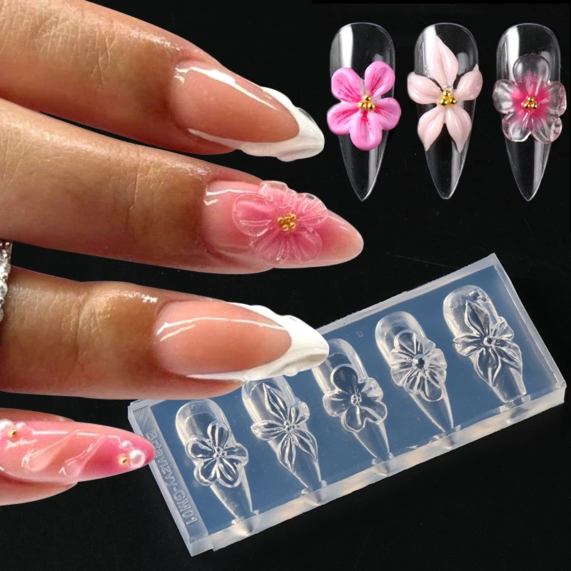 1pc 3D Flower Silicone Nail Mold Lily & Hibiscus Petals Carving Template Gel Polish Stencils for Spring Summer Manicure Decor