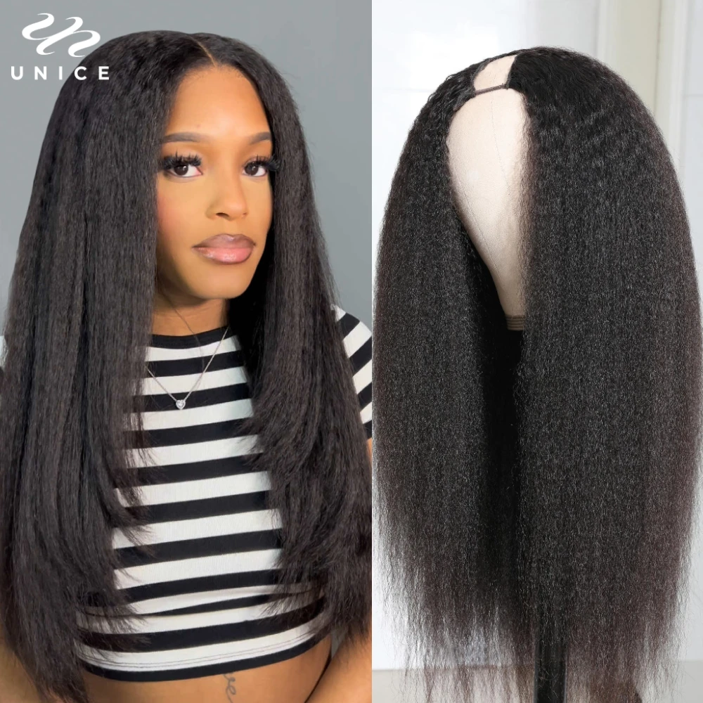 

Парик UNice Hair Kinky Straight V-образной формы, для начинающих, с защитной прической, из натуральных волос, плотность 150%, защищает ваши естественные волосы