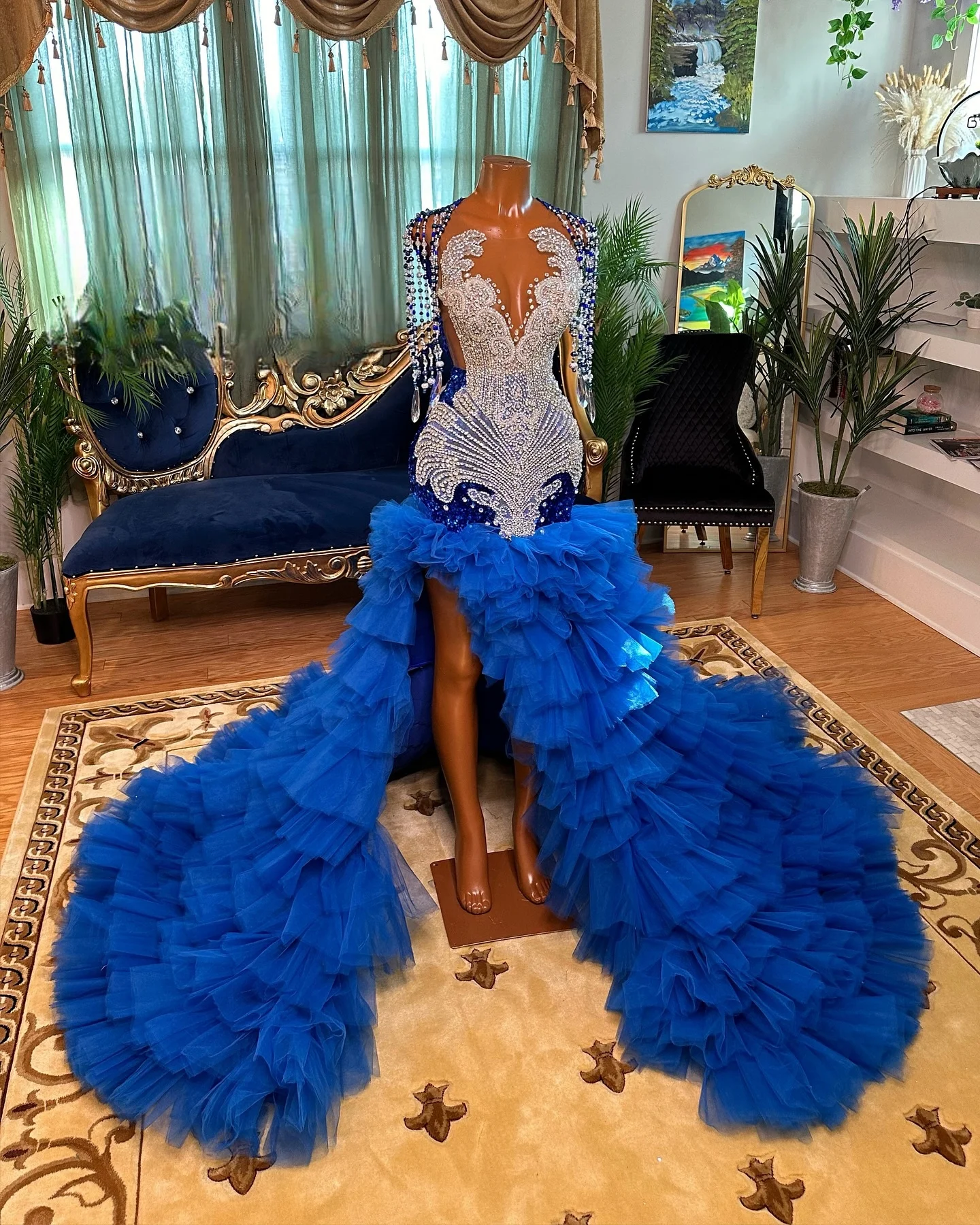 Royal Blue Tiered Crystal Mermaid Prom Dresses Long 2025 Tassel Side Slit Ruffle Diamond Formal Evening Gown Customized