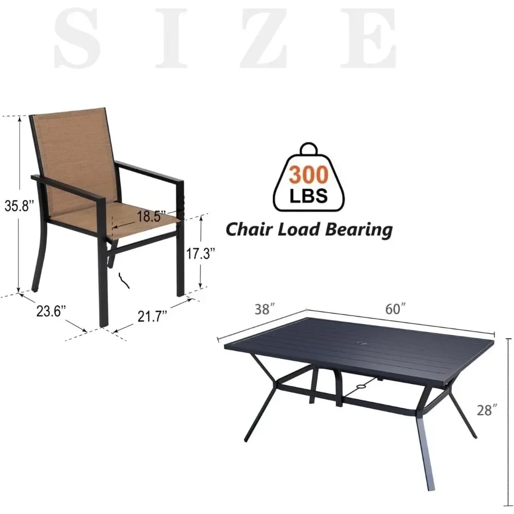 Ensemble de salle à manger d'extérieur pour 6 chaises en métal, table à manger rectangulaire avec trou de parapluie de 1.57 ", meubles de patio