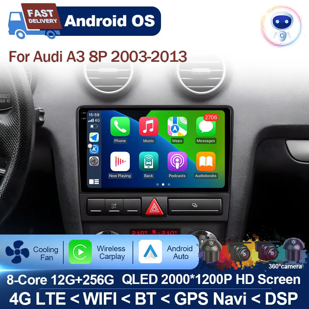 

9 inch Screen for Audi A3 8P 2003 - 2013 Android OS Carplay Car Radio Multimedia Player GPS Navi DSP Stereo Head Unit No 2din