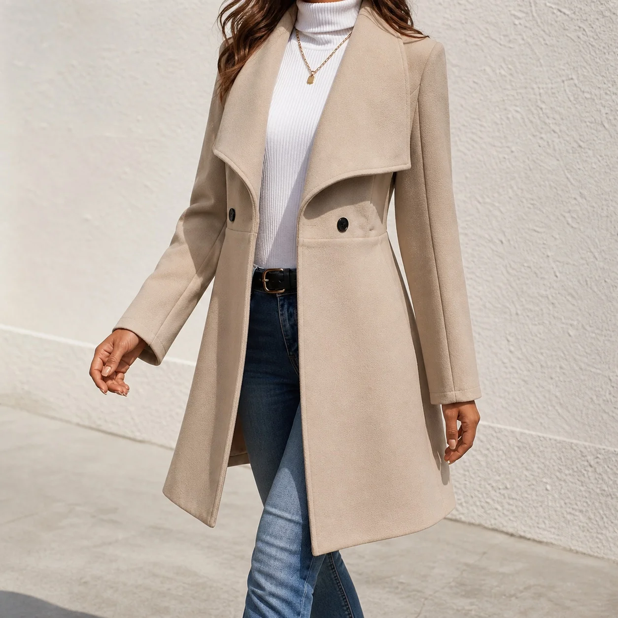 Women's Winter Female Thick Casual Mid-Length Coat with Notched Lapel Long Sleeve Double Breasted Two Button Solid Color