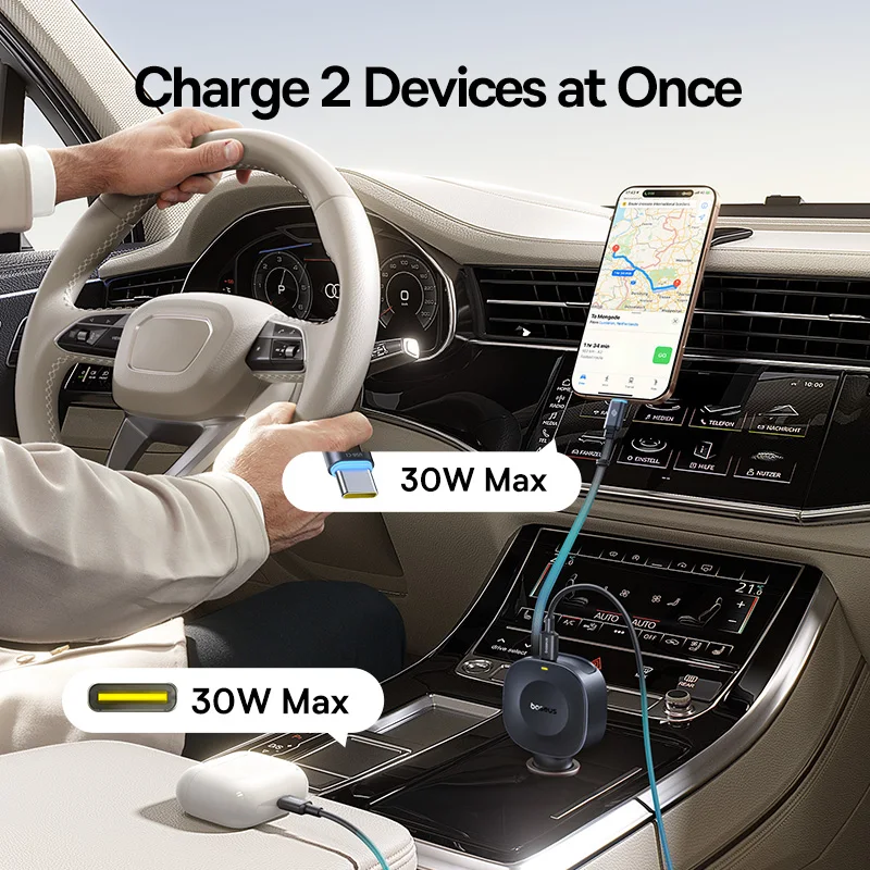 Baseus 30W Fast Car Charger Retractable Cable Dual Type-C USB-C Quick Charging 360° Rotation For iPhone Samsung Motorola Tablets - náhled 5
