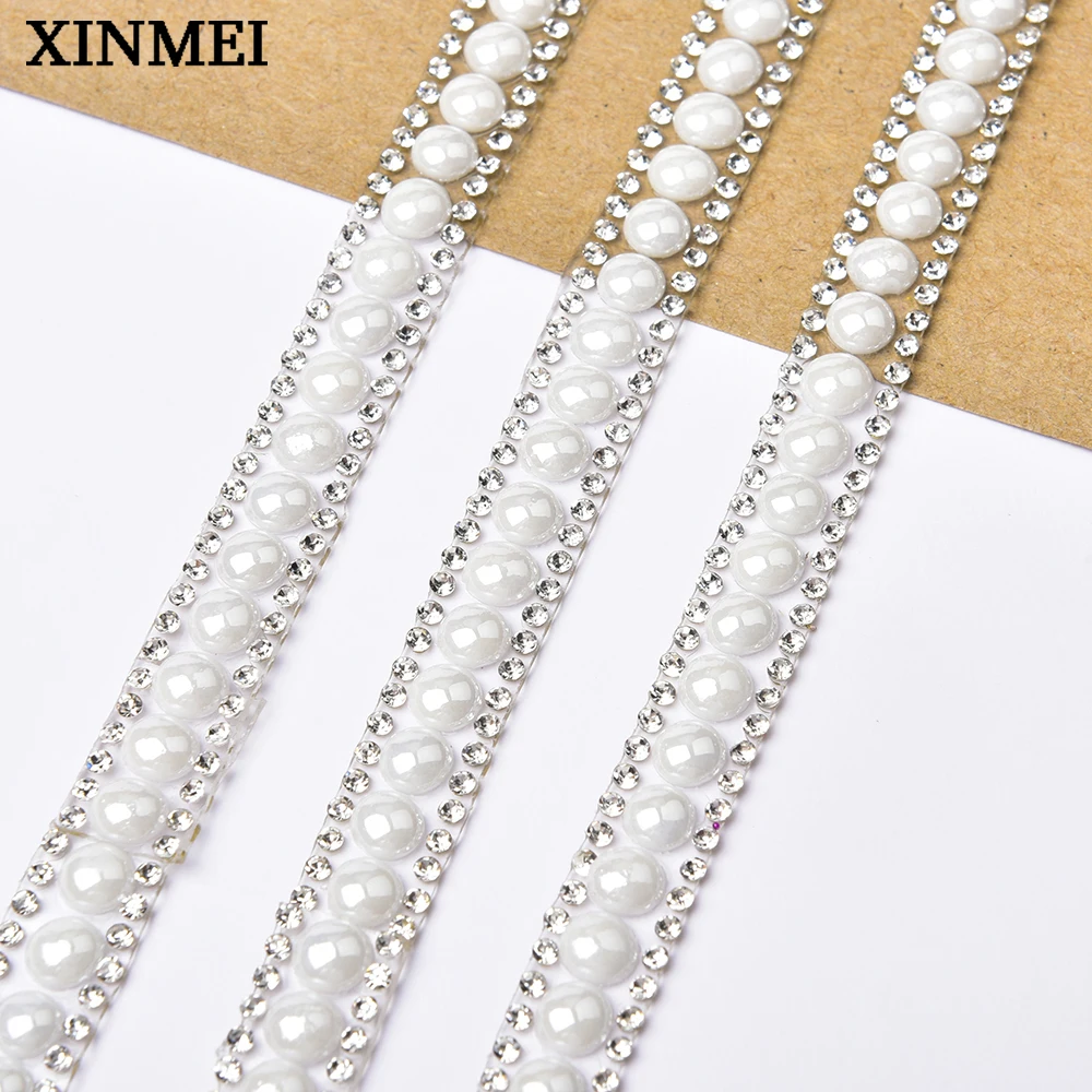 White Glass Crystal Pearl Hot Fix Trim Ribbon Self Adhesive Rhinestone Applique Strass Strip Diy Clothes Cars Decor Accessories