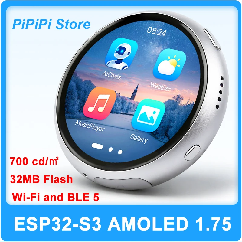 ESP32 S3 AI 1.75inch Development Board Aluminum Alloy Case AMOLED Round TouchScreen 466*466pixels 6-axis IMU QMI8658 32MB Flash