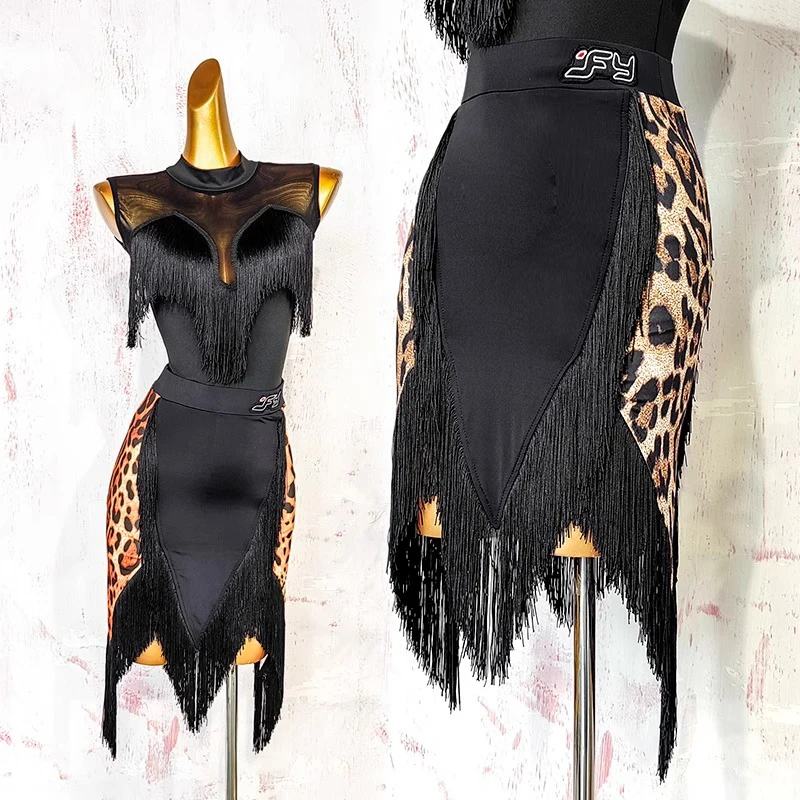 

2025 Black Latin Dance Dress For Prom Dancewear Skirt Practice Wear Clothes Girls Female Line Suit Womens Stage Samba Leopard