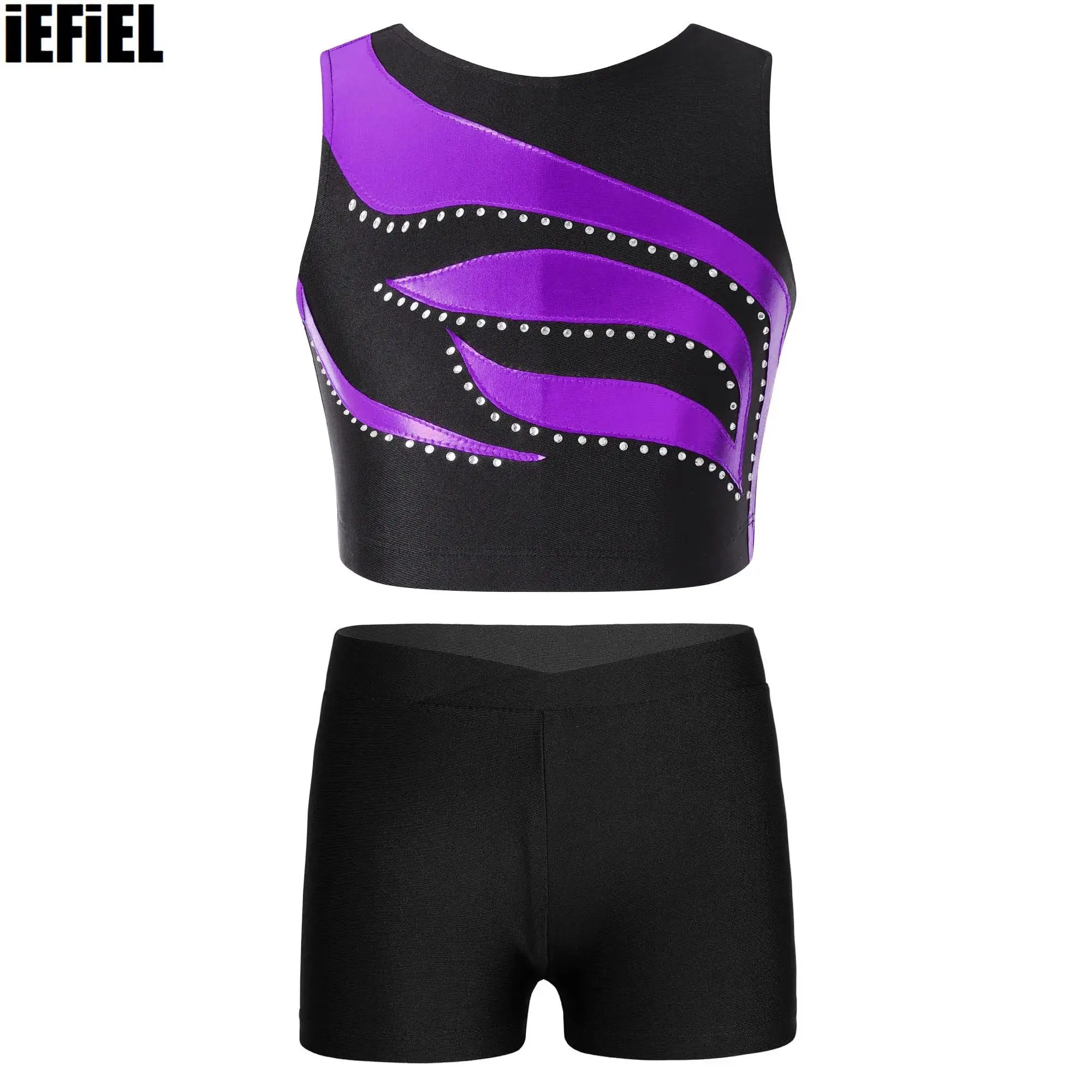 

Kids Girls Patchwork Dance Outfits Shiny Rhinestones Decorated Crop Top with V-front Waistband Shorts for Gymnastic Workout