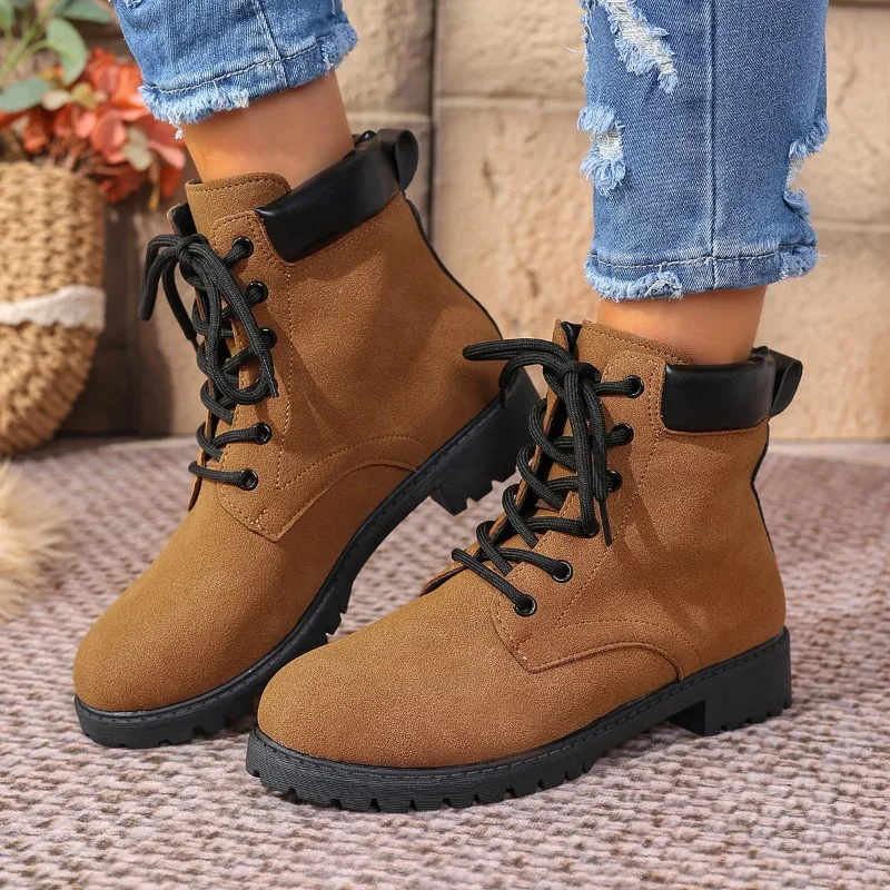 

New Fashion Style Boots Women Platform Shoes Suede Lace Up Solid Ankle Boots Autumn Winter Chunky Heel Soft Snow Boots Plus Size