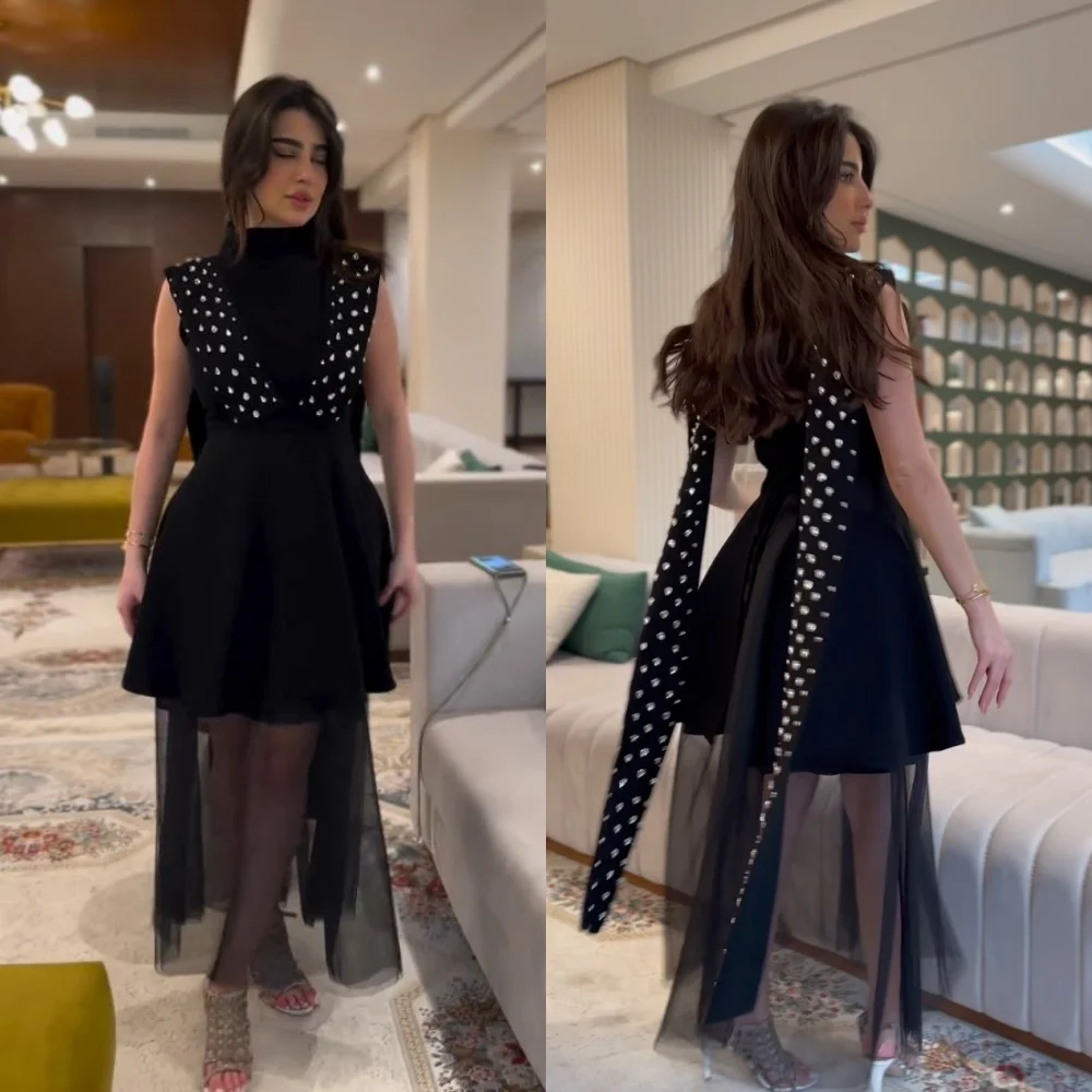 

Jersey Sequined Ruched Homecoming A-line High Collar Bespoke Occasion Gown Midi Dresses Evening Saudi Arabia