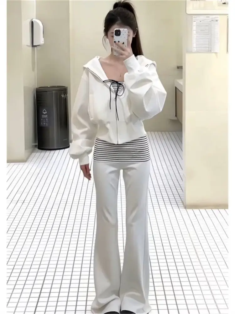 

Korean Style Anti-Aging Three-Piece Set Women's Hoodie Inner Vest Flared Pants Unique Personality Trendy Fashion Ensemble